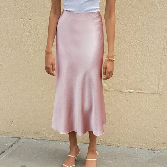 NWOT Forgotten Grace Silk Midi Skirt with Elastic Waistband in Rose Pink Size S - Picture 2 of 10
